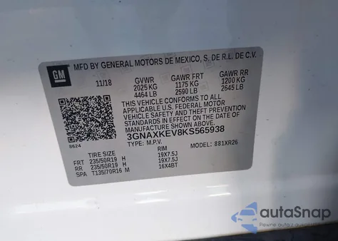 2019 Chevrolet Equinox Lt из США, поврежденный, VIN 3GNAXKEV8KS565938